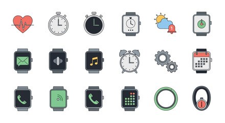 Array of smartwatch icons featuring various apps and functions