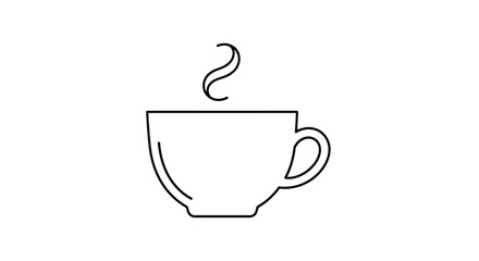 Black outline of a steaming coffee cup minimalist design on a white background
