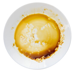 Dirty used dinner plate with leftover sauce, isolated on white background. Messy tableware from a finished meal in a restaurant or kitchen setting.