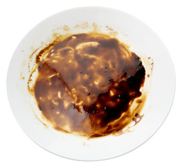 Dirty used dinner plate with leftover sauce, isolated on white background. Messy tableware from a finished meal in a restaurant or kitchen setting.
