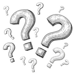Question marks in the air, vintage engraving sketch, black and white vector illustration, woodcut style.