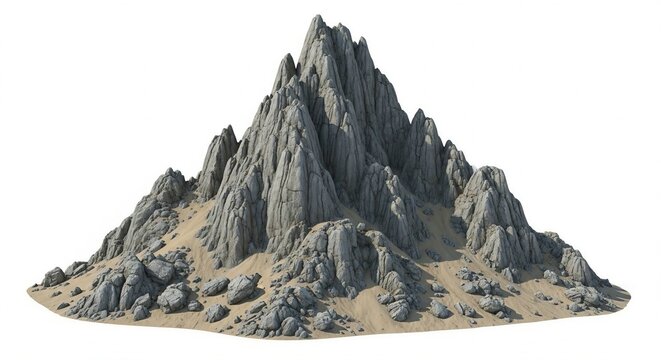 Jagged mountain peak with rocky terrain isolated on white background