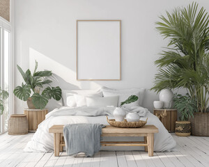 Bright bedroom interior with plants and white linens. Ideal for marketing homeware products, interior design inspiration, or lifestyle blog posts featuring cozy home decor and plant aesthetics. 