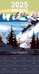 2025 Calendar Monthly Lake Tahoe Ski Travel resort poster vintage. California USA