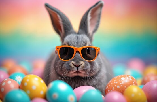 Gray rabbit wears cool orange sunglasses. Bunny sits among many colorful Easter eggs. Cute animal ready for Easter egg hunt. Happy spring holiday character. Explores new egg designs, creates festive