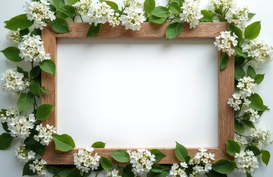 Wooden frame bordered by delicate white blossoms and green leaves. Blank space in center invites custom text or image. Ideal for spring or wedding invitations and announcements.