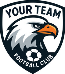 This eye-catching shield logo features a strong eagle head alongside a soccer ball, tailored for a football club. The design includes placeholders for "YOUR TEAM" and "FOOTBALL CLUB," allowing for cus