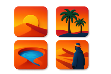 Desert Sunrise Icons. 3D icon set of sunrise and sunset in desert: rising sun over dune, pink sky behind palms, glowing oasis