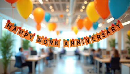 Happy work anniversary banner hung in modern office space. Colorful balloons float above, and blurred employees work at desks below. Festive decorations signal a workplace celebration event.