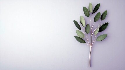 A single branch with multiple green leaves is positioned on the right side of a plain, soft purple background.