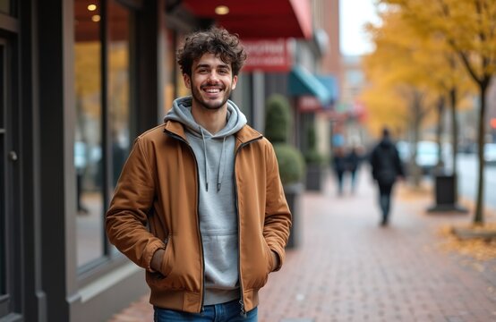 Cheerful young man smiles on street. Guy wears brown jacket gray hoodie. Curly hair man poses for camera. Youth shows joy, confidence walking in urban city area in daylight.