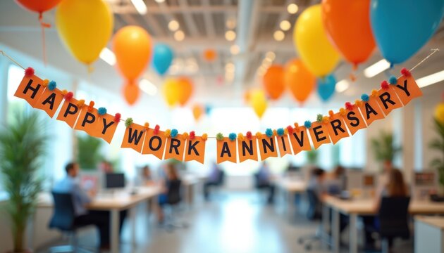 Happy work anniversary banner hung in modern office space. Colorful balloons float above, and blurred employees work at desks below. Festive decorations signal a workplace celebration event.