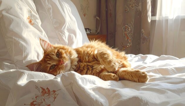 A fluffy orange feline lies comfortably on a bed, bathed in sunlight. The soft bedding and gentle light create a serene and warm scene - Powered by Adobe