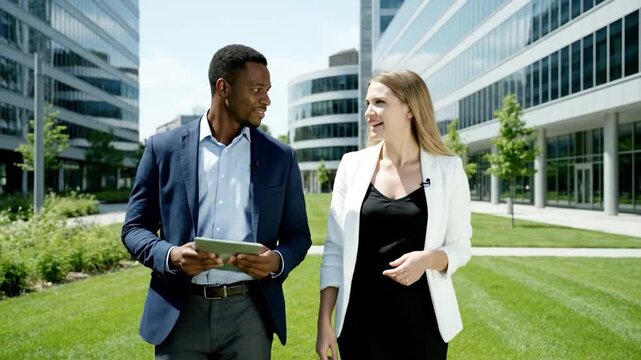 Two professionals, a man and a woman, walk together talking, in front of a modern office building - Powered by Adobe