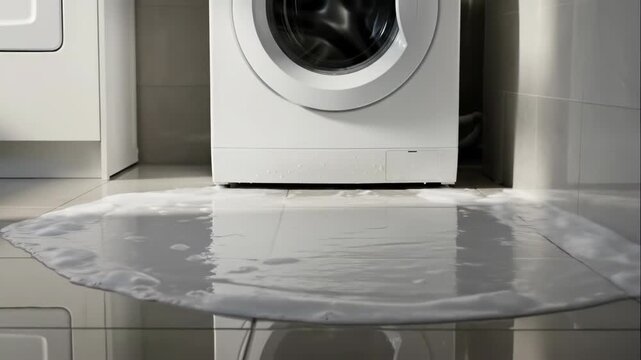Washing machine malfunction with foam leaking onto the floor, showcasing a common household appliance problem over time.