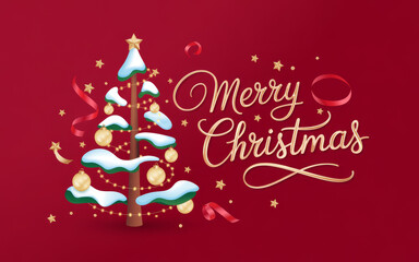 Festive Christmas tree with ornaments and Merry Christmas greeting on a vibrant red background.