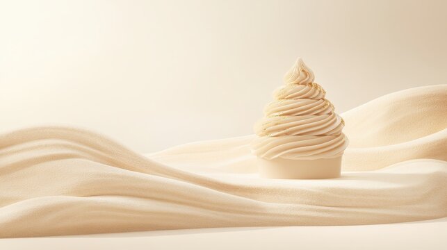 Innovative swirled dessert creation with golden flakes on a textured sugar powder surface, delicate beige culinary presentation, modern gourmet food.