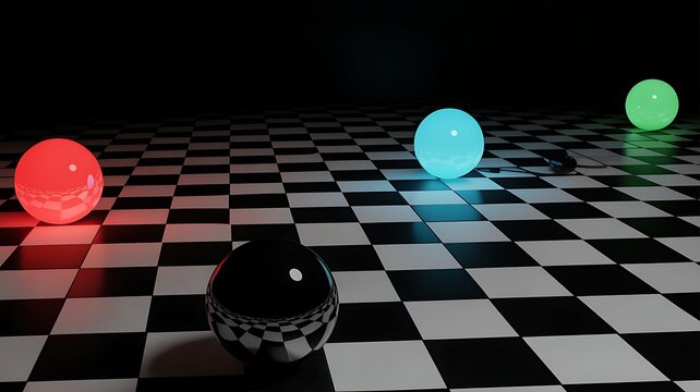 Four glowing spheres red blue green and black on checkered floor ball light