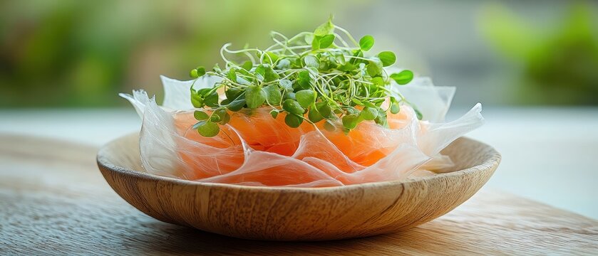 Delicate salmon and greens appetizer presented with artistic flair in a wooden bowl, showcasing fine dining presentation.