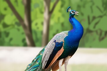 Male peacock with vibrant blue neck and iridescent green tail feathers bird avian