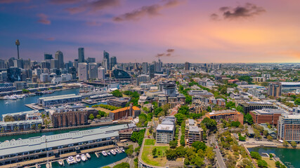 Obraz premium 18 November 2025 Panoramic night view of Sydney Harbour and City Skyline of NSW Australia beautiful colourful skies on a beautiful spring day