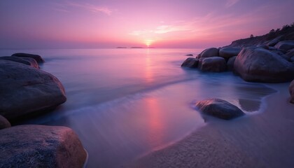Obraz premium Calm ocean at dawn washes over smooth rocks on a sandy beach. The pink and purple sky reflects on the water surface. Serene natural landscape scene.