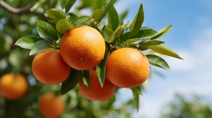 Ripe oranges hanging from a tree branch with green leaves against a clear blue sky