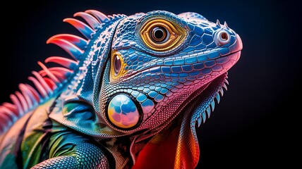 Vibrant blue iguana head with yellow eye and pink spines reptile lizard