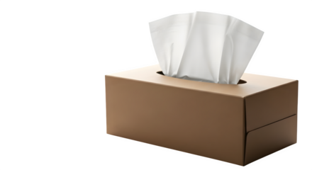A simple cardboard tissue box with white tissues peeking out against a black background