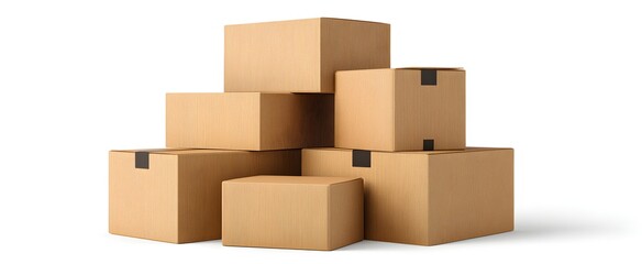Neatly arranged stack of blank sturdy cardboard boxes on a pristine white background