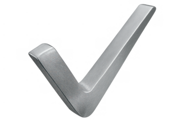 Stainless steel check mark icon indicating approval or confirmation on a transparent background