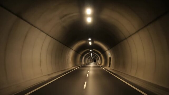 A long, dark tunnel with a road marked with white lines receding to a bright end, illuminated by overhead lights