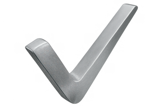 Stainless steel check mark icon indicating approval or confirmation on a transparent background