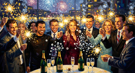 Joyful New Year's Eve Celebration with Sparklers and Champagne - Impressionistic Art