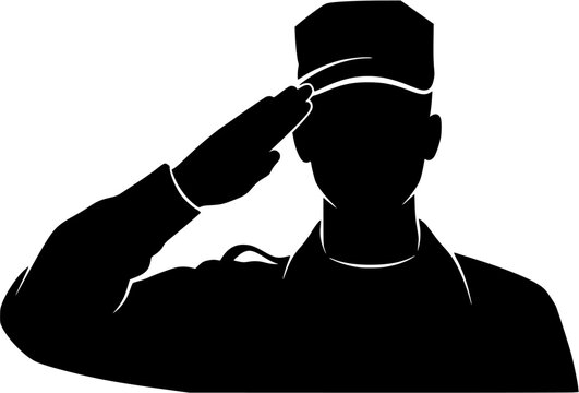 Soldier saluting silhouette, black and white, military salute figure, army man silhouette, soldier outline vector icon


