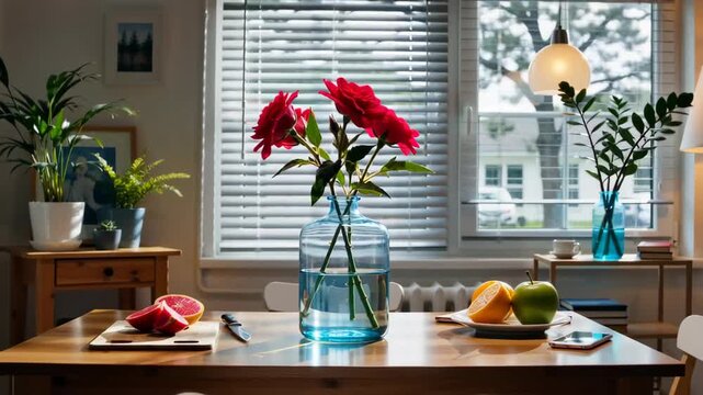 A bright kitchen scene featuring vibrant red roses in a glass vase, surrounded by fresh fruit and natural light