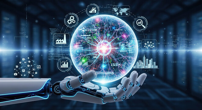 Hand of robot holding artificial intelligence innovation transforming industries through deep learning, predictive analytics, automation, and adaptive reasoning across global digital ecosystems