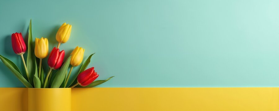 Red and yellow tulips arranged in a yellow vase on a teal background with a yellow stripe. Bright spring flowers suggest celebration, greetings or decoration.
