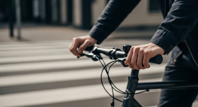 Man holding bicycle handlebars at crosswalk in urban setting  