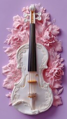 Realistic clay sculpture of a violin surrounded by delicate pink flowers on a pastel lavender background, showcasing intricate details