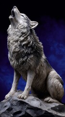 Realistic clay sculpture of a wolf howling against a dark blue background, emphasizing detail and craftsmanship