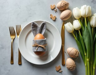 Easter holiday table setting with cute bunny egg on white plate. Golden cutlery, white tulips, rustic eggs decorate gray table. Spring dinner setup provides festive, welcoming atmosphere for
