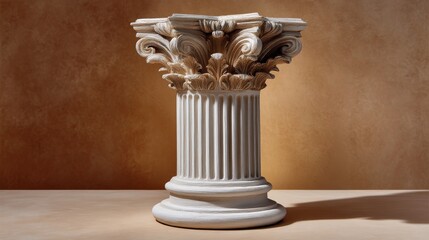 Realistic clay sculpture of an ancient Greek column with intricate details against a textured background