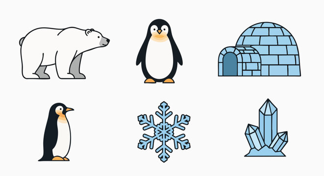 Arctic winter animals elements flat design vector illustration polar bear penguin igloo snowflake ice icons cartoon collection