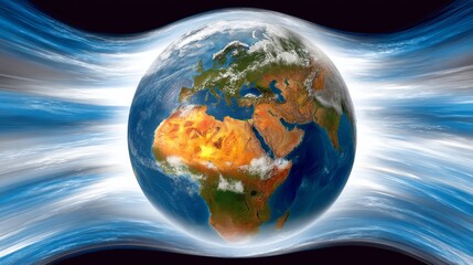 Realistic Earth illustration surrounded by force shield with dynamic blue and white streaks