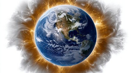 Realistic Earth model surrounded by a luminous ozone shield, depicting cosmic energy and environmental themes