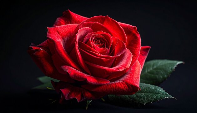 A close-up of a vibrant red rose with velvety petals against a dark background.