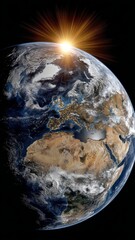 Realistic depiction of Earth with a semi-transparent ozone dome and a bright sunrise illuminating the horizon