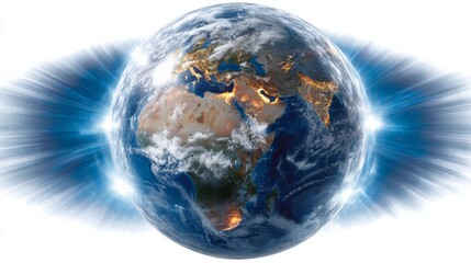 Realistic illustration of Earth surrounded by a shimmering force field, emphasizing the planet's beauty and vitality against a cosmic background