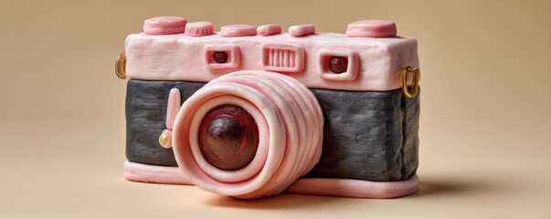 Realistic vintage camera sculpture created from plasticine with pink and black colors against a neutral background